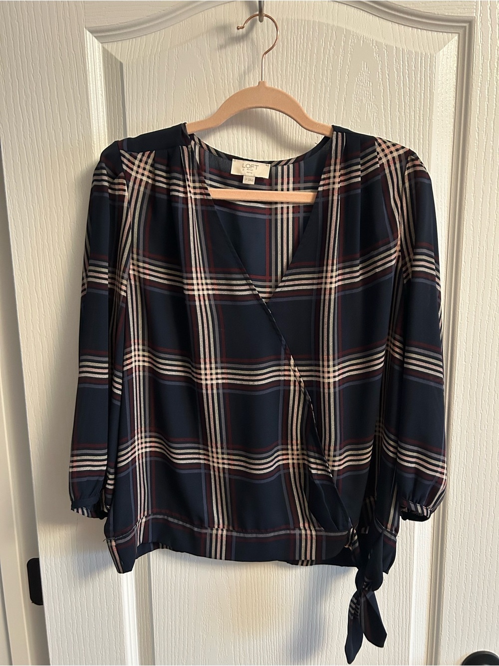 LOFT Navy and Cream Plaid Wrap Tie-Hem Blouse